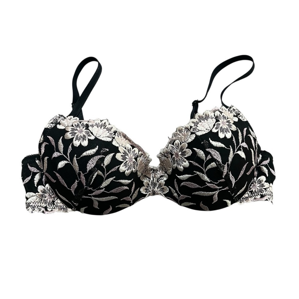 Wonderbra Push Up Elegant Black Cream Floral Lace Bra Size 34B Excellent Cond